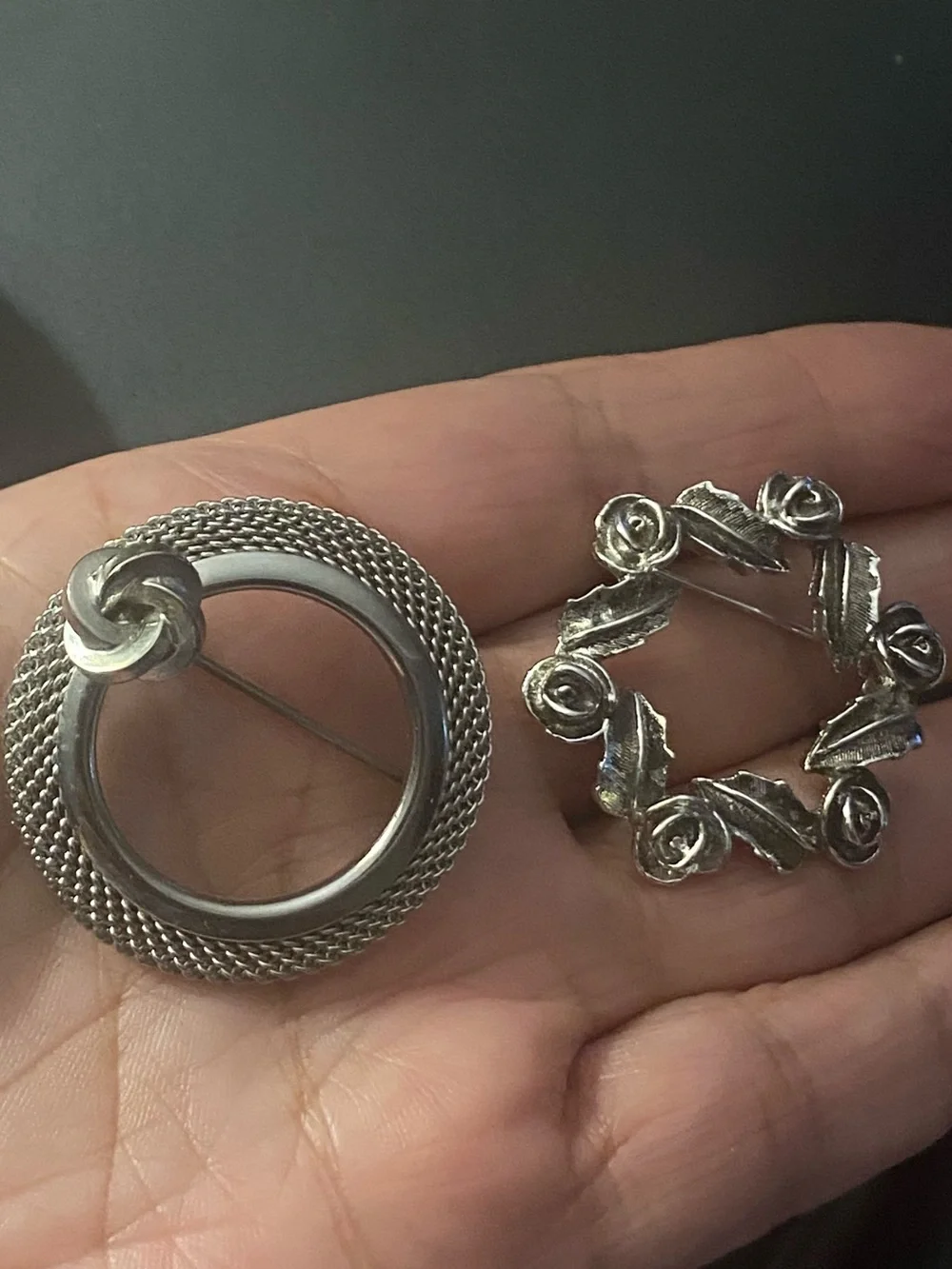 2 Vintage Brooch Sarah Coventry Antique Rose wreath & Modernist Mesh Wreath